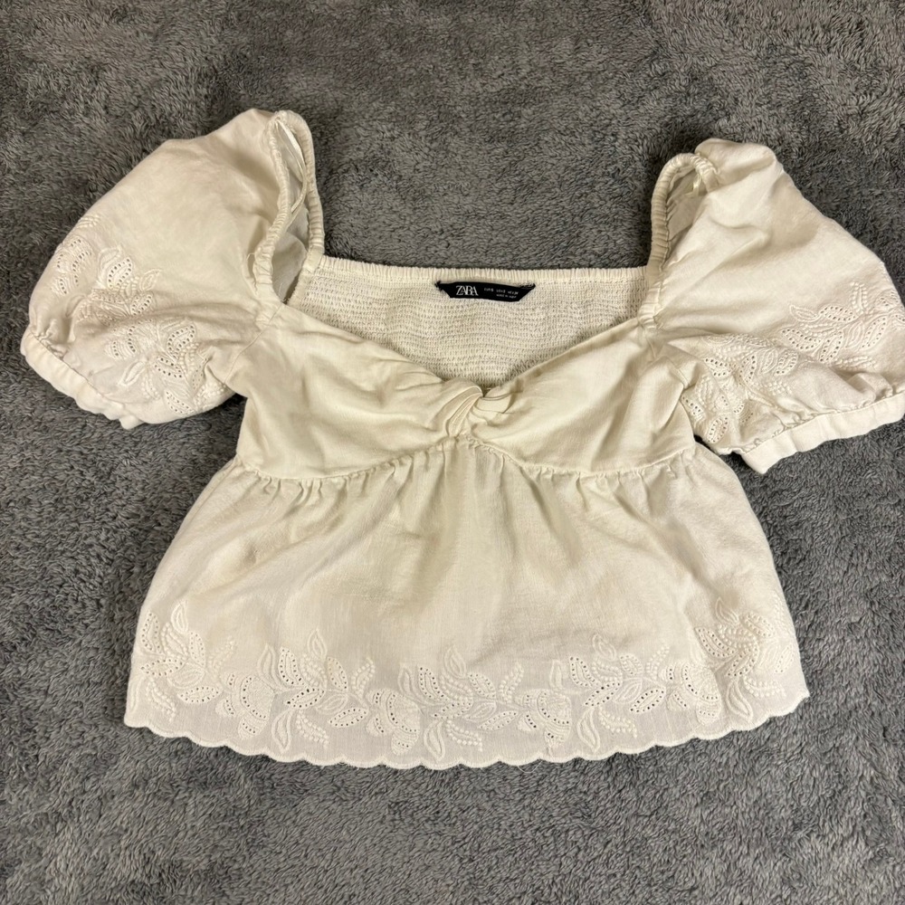 Zara White Eyelet Embroidered Linen Blend Puff Sleeve Crop Top Small